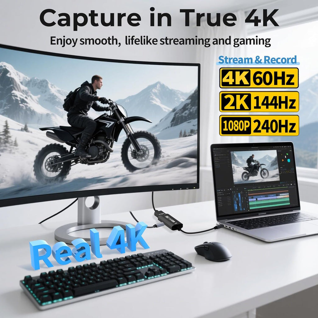 Guermok USB3.0 Video Capture Card for Streaming, PD100W, 90° USBC & Type C Adapter, 3.3ft 2K@30FPS 1080P@60FPS HDMI to USB A/C Capture Devices for Oculus /Quest3 /iPad/MacOS/Switch /PS5/4