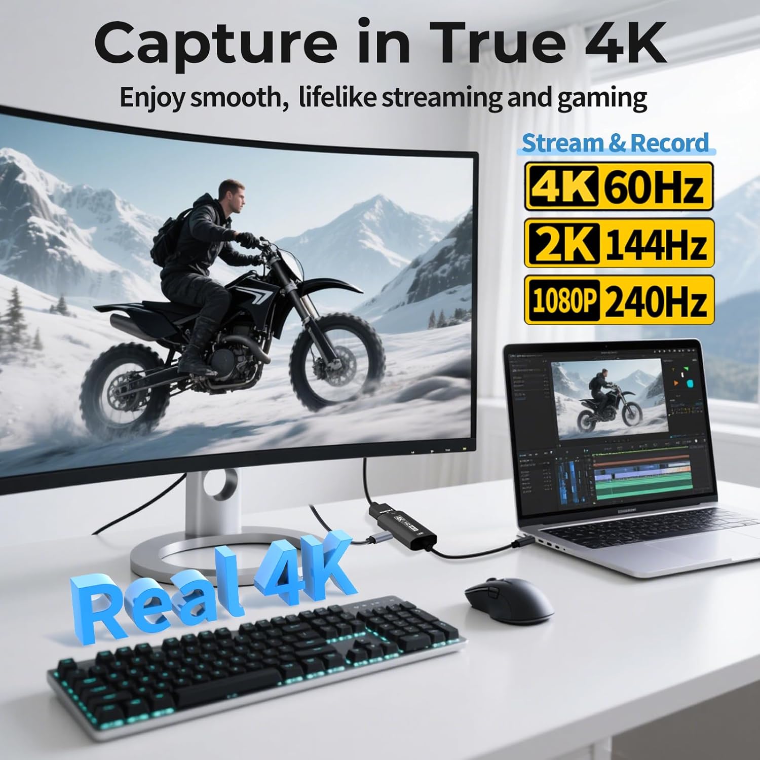 Guermok USB3.0 Video Capture Card for Streaming, PD100W, 90° USBC & Type C Adapter, 3.3ft 2K@30FPS 1080P@60FPS HDMI to USB A/C Capture Devices for Oculus /Quest3 /iPad/MacOS/Switch /PS5/4