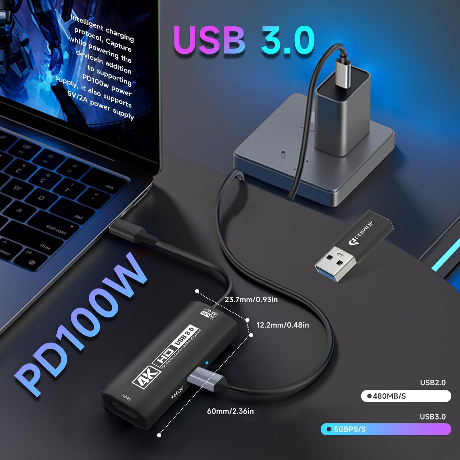Guermok USB3.0 Video Capture Card for Streaming, PD100W, 90° USBC & Type C Adapter, 3.3ft 2K@30FPS 1080P@60FPS HDMI to USB A/C Capture Devices for Oculus /Quest3 /iPad/MacOS/Switch /PS5/4