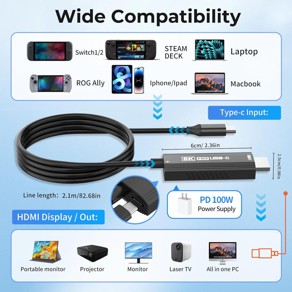 Guermok TV Mode Projection Cable for Switch 2, 67in, USB-C to HDMI Cable with HDR & ALLM, Supports 8K@60Hz, 4K@144Hz Output, PD100W, Works with iPad, Capture Cards, TVs, Steam (Silver)