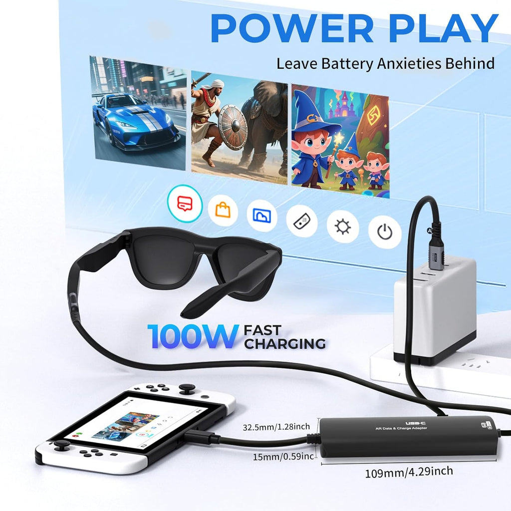 Guermok 5-in-1 USB-C to AR Glasses Adapter, 100W PD Fast Charging, 8K@60Hz Video, USB/USB-C Ports – Works with AR Glasses Devices, Handheld Consoles, Switch, USBC Phones and Laptops, Black