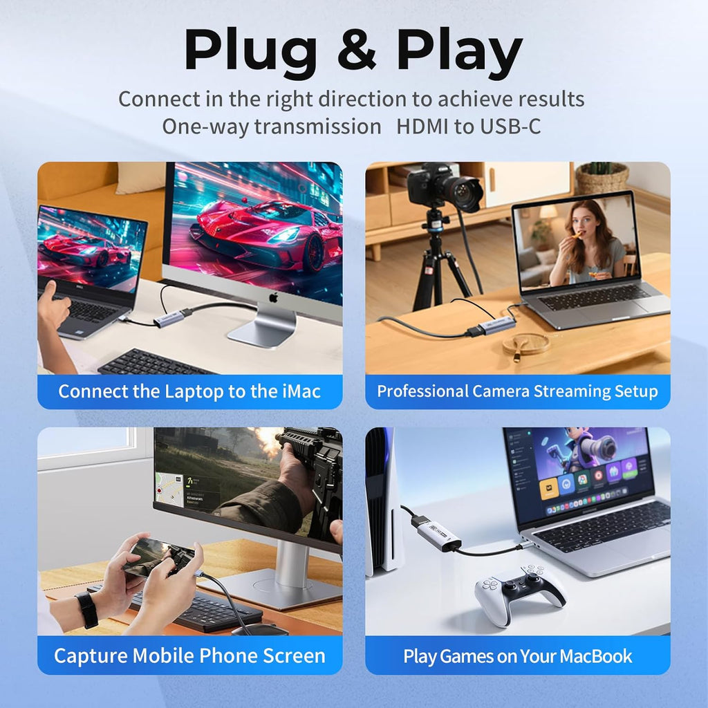 Guermok 4K USB3.0 Video Capture Card with PD 100W, 2K@30FPS or 1080P@60FPS HDMI to USB-A/C Capture Card for Streaming, Works with iPad Quest 3, Mac OS, Switch2/1 PS5/4, Xbox, Camera, Black