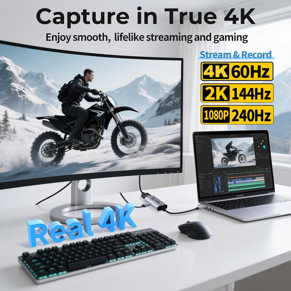 Guermok 4K USB3.0 Video Capture Card with PD 100W, 2K@30FPS or 1080P@60FPS HDMI to USB-A/C Capture Card for Streaming, Works with iPad Quest 3, Mac OS, Switch2/1 PS5/4, Xbox, Camera, Black