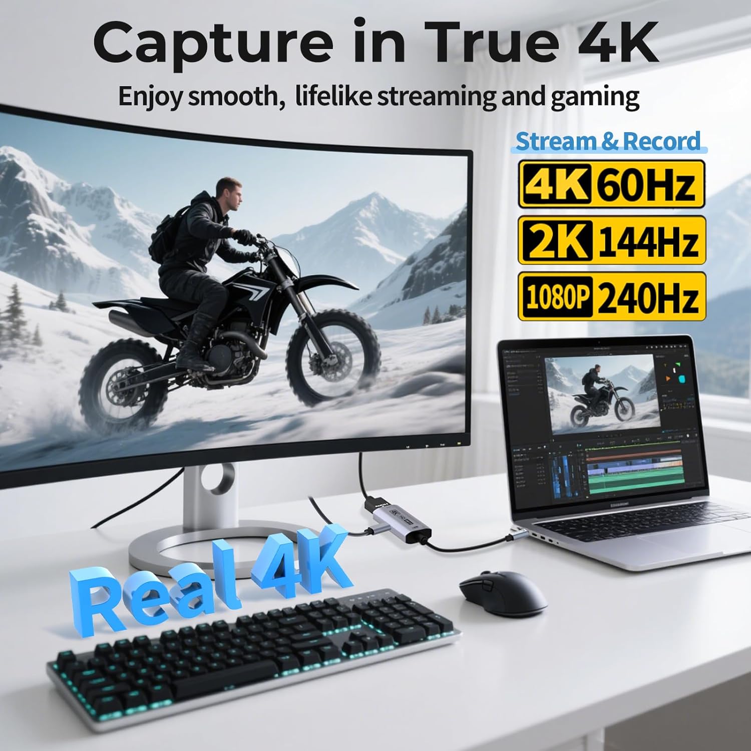 Guermok 4K USB3.0 Video Capture Card with PD 100W, 2K@30FPS or 1080P@60FPS HDMI to USB-A/C Capture Card for Streaming, Works with iPad Quest 3, Mac OS, Switch2/1 PS5/4, Xbox, Camera, Black