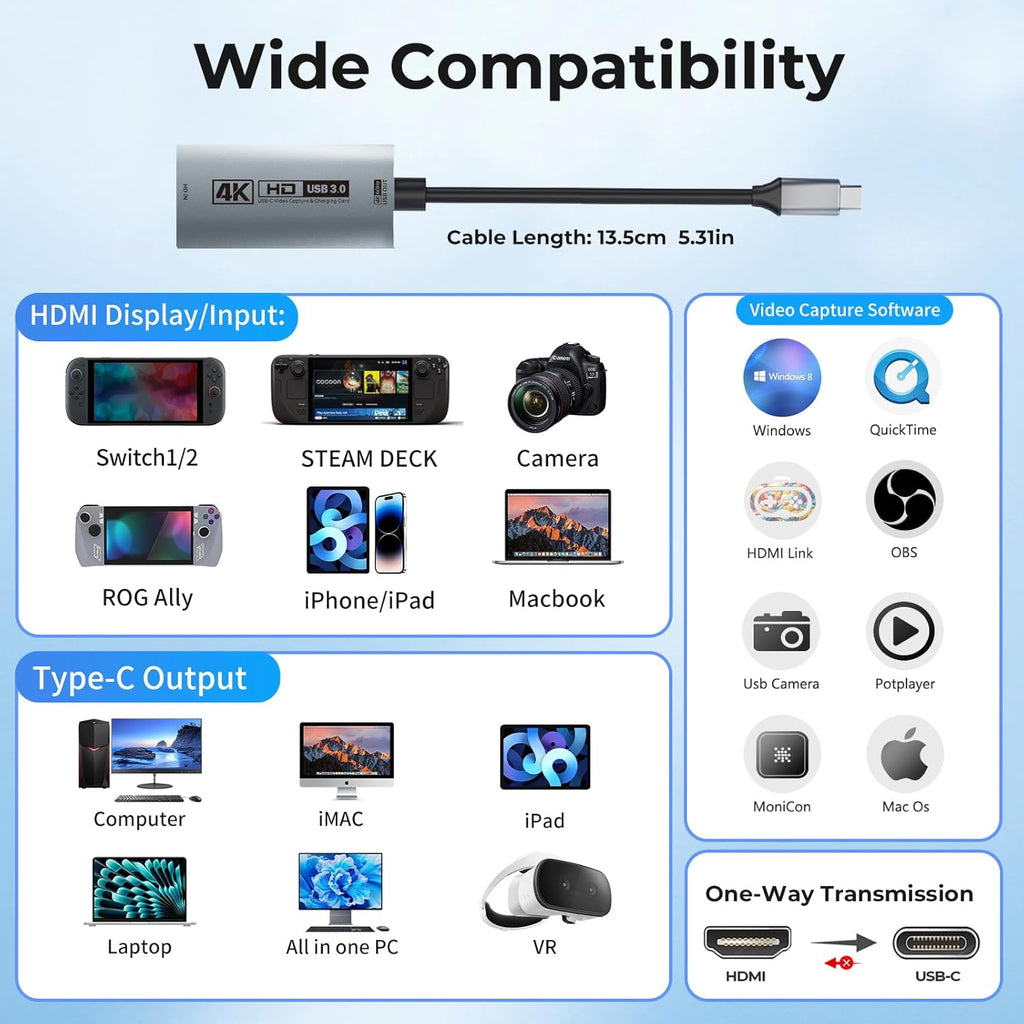 Guermok USB3.0 Video Capture Card for Streaming, PD100W, 90° USBC & Type C Adapter, 3.3ft 2K@30FPS 1080P@60FPS HDMI to USB A/C Capture Devices for Oculus /Quest3 /iPad/MacOS/Switch /PS5/4