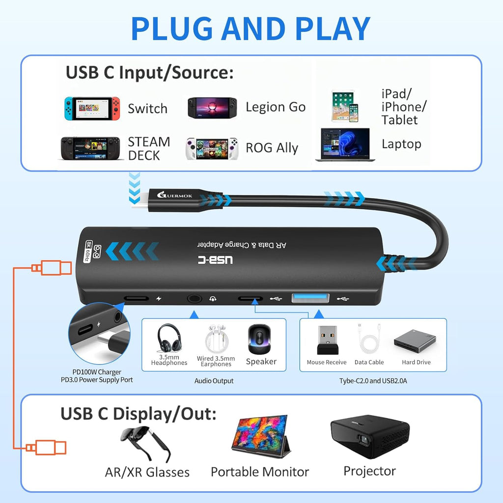 Guermok 5-in-1 USB-C to AR Glasses Adapter, 100W PD Fast Charging, 8K@60Hz Video, USB/USB-C Ports – Works with AR Glasses Devices, Handheld Consoles, Switch, USBC Phones and Laptops, Black