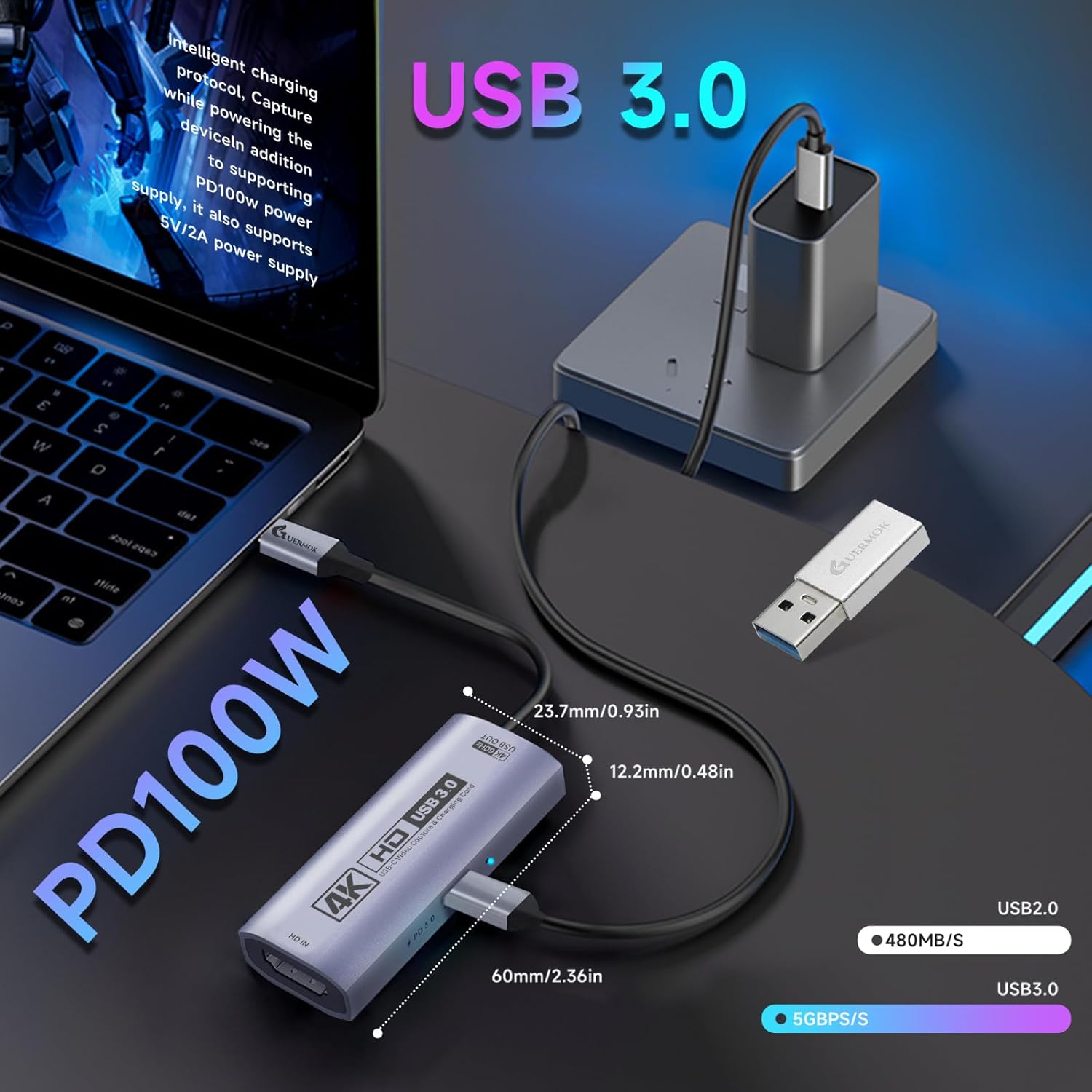 Guermok USB3.0 Video Capture Card for Streaming, PD100W, 90° USBC & Type C Adapter, 3.3ft 2K@30FPS 1080P@60FPS HDMI to USB A/C Capture Devices for Oculus /Quest3 /iPad/MacOS/Switch /PS5/4