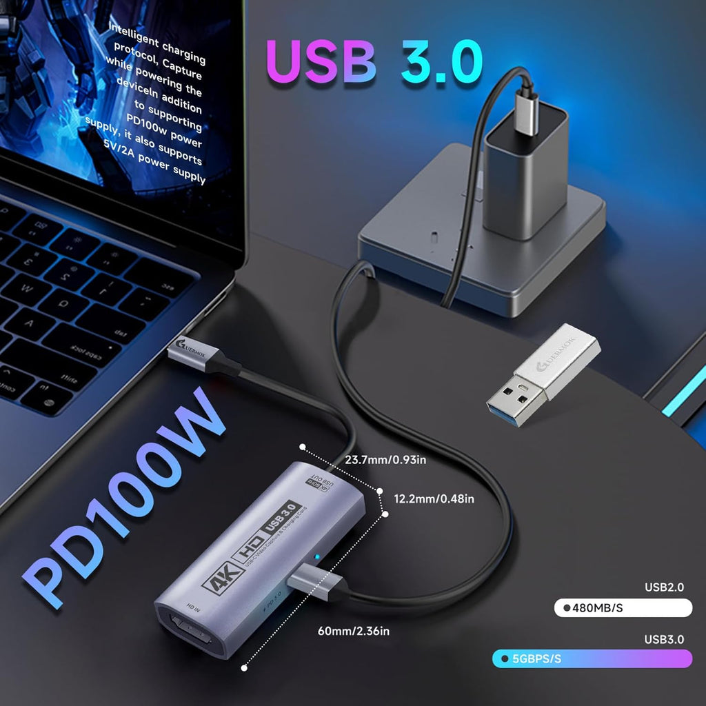 Guermok 4K USB3.0 Video Capture Card with PD 100W, 2K@30FPS or 1080P@60FPS HDMI to USB-A/C Capture Card for Streaming, Works with iPad Quest 3, Mac OS, Switch2/1 PS5/4, Xbox, Camera, Black