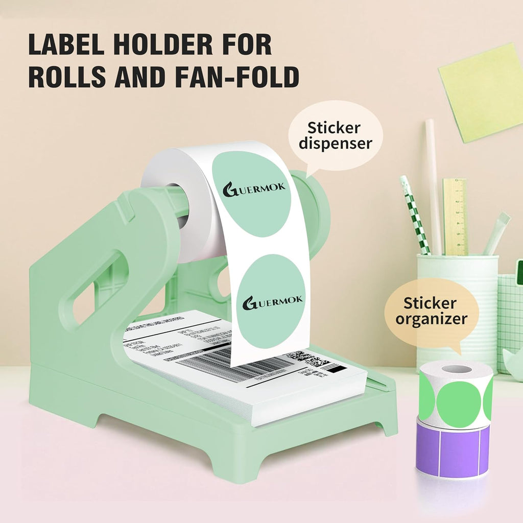 Guermok Thermal Shipping Label Holder for Rolls & Fan-Fold, Fragile Stickers for Shipping, Label Stand Desktop Printer Holder-Home Office Accessory Sticker Dispenser for Holographic (Gray)