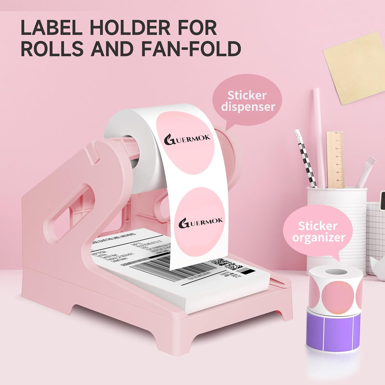 Guermok Thermal Shipping Label Holder for Rolls & Fan-Fold, Fragile Stickers for Shipping, Label Stand Desktop Printer Holder-Home Office Accessory Sticker Dispenser for Holographic (Gray)