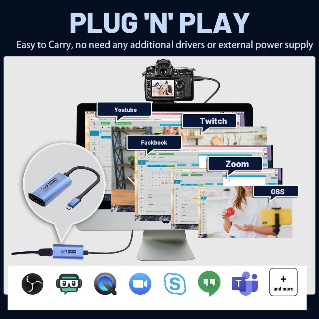 GUERMOK Video Capture Card, USB3.0 HDMI to USB-C Capture Device, Stream & Record at 2K@30FPS 1080P@60FPS, Compatible with iPad Mac OS Windows, Quest 3, OBS, Zoom, PS5/4, Switch, Xbox (Blue)