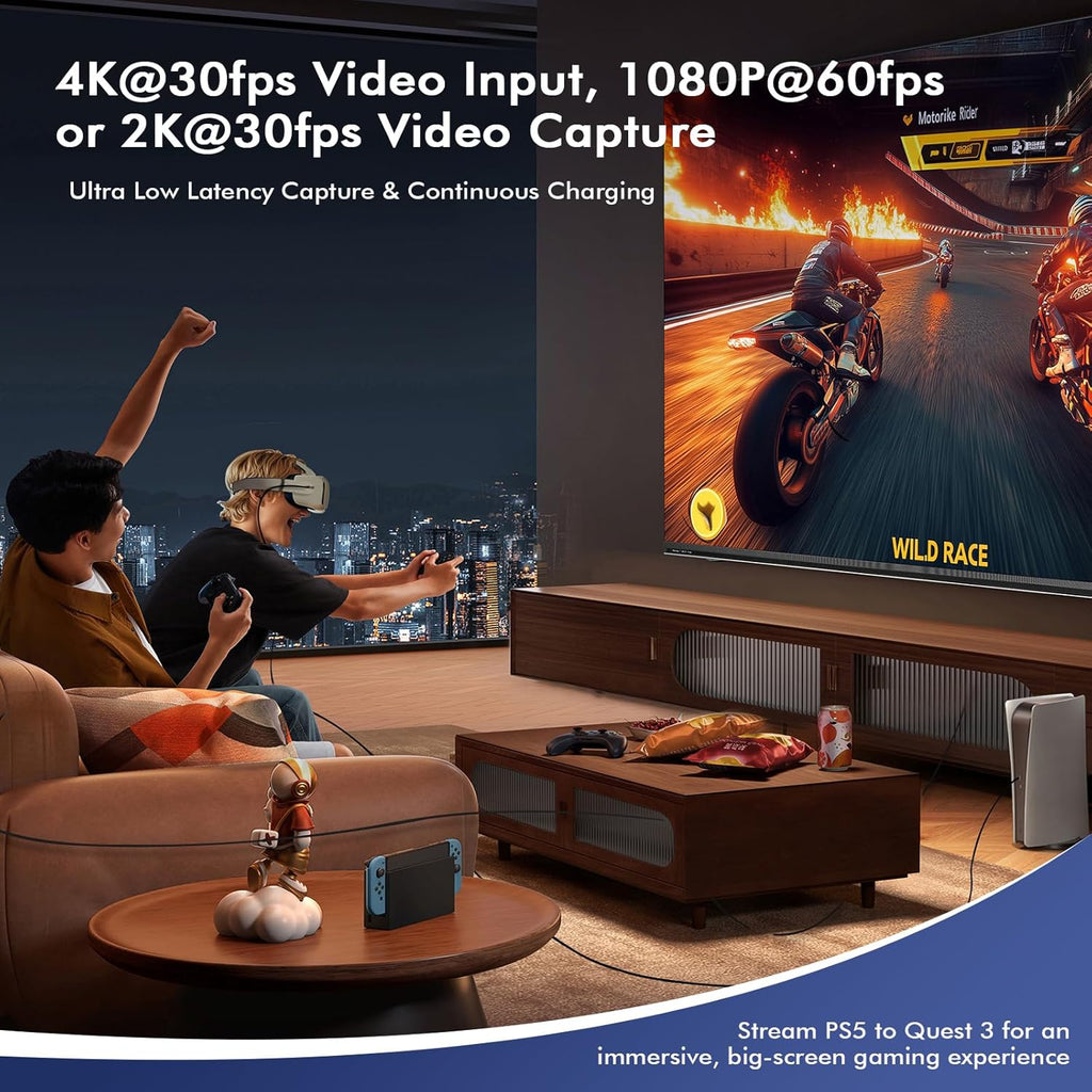Guermok 4K USB3.0 Video Capture Card with PD 100W, 2K@30FPS or 1080P@60FPS HDMI to USB-A/C Capture Card for Streaming, Works with iPad Quest 3, Mac OS, Switch2/1 PS5/4, Xbox, Camera, Black